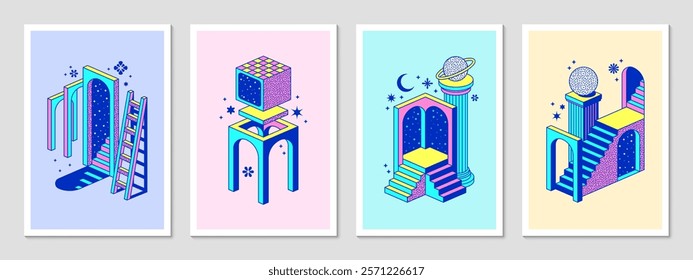 Psychedelic surreal y2k posters with portal and stairs capture retro futuristic aesthetics and dreamlike trippy elements. Vector vintage surreal universe with arches, geometric ladders and shapes