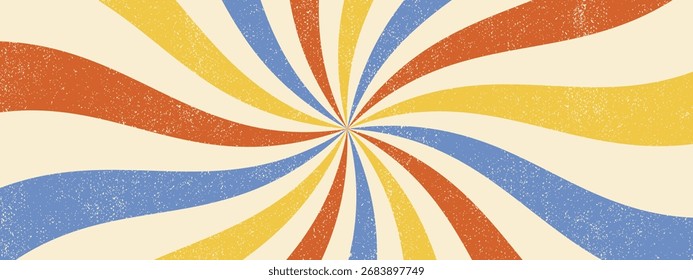 Psychedelic swirl background. Groovy retro sunburst. Spiral wave pattern with grunge texture. Abstract ray burst