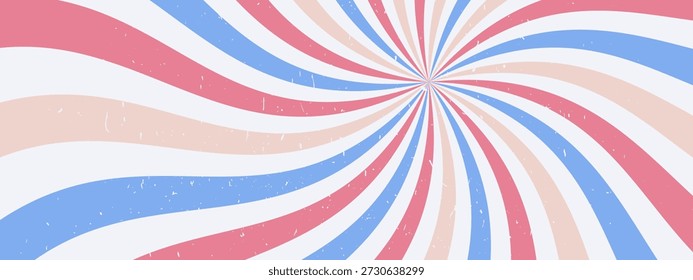 Psychedelic swirl background. Groovy retro sunburst. Spiral wave pattern with grunge texture. Abstract ray burst
