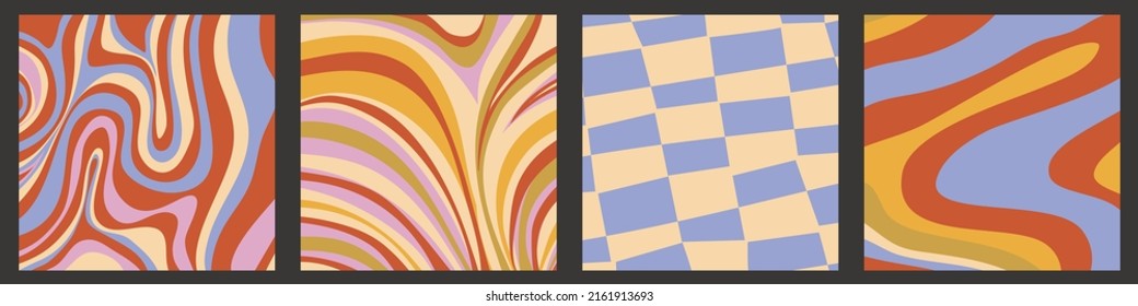 Psychedelic swirl, checkerboard groovy backround set. Psychedelic hippy retro wave wallpaper. Liquid groovy background. Vector design illustration