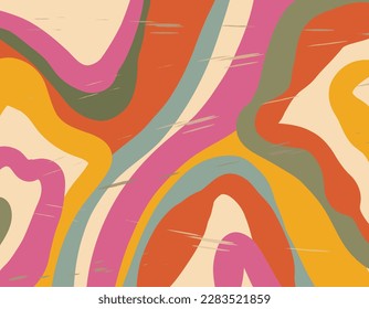 Psychedelic swirl clockwork pattern in 1970s style. Psychedelic retro waves wallpaper. Liquid clockwork background. Vector retro design