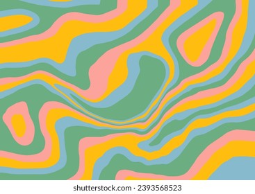 Psychedelic swirl groovy pattern in retro pastel colors. Groovy liquid background in trendy 70s, 80s style. Flat Vector illustration for covers and posters backdrop.