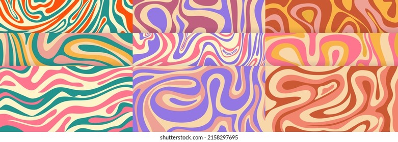 Conjunto de patrones de groovía de remolino psicodélico. Papel pintado de la ola retro psicodélica. Fondo líquido de deslumbramiento. Ilustración de diseño de vectores.