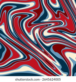 A psychedelic swirl pattern with bold, flowing lines in red, navy blue, sky blue, and cream.