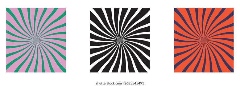 Psychedelic Swirl Retro Backgrounds.  Three colorful starburst patterns with wavy rays radiating from the center, creating an abstract and dynamic visual effect.