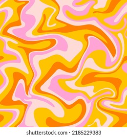 Psychedelic swirl seamless pattern. 60s, 70s style liquid groovy background. Colorful marbled texture.