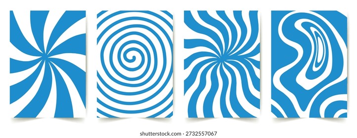 Psychedelic swirl spiral abstract Pattern sky blue. Groovy hypnotic vector backgrounds. Spooky halloween wavy circle texture. Vector blue twirl vortex design. Abstract retro optical illusion texture