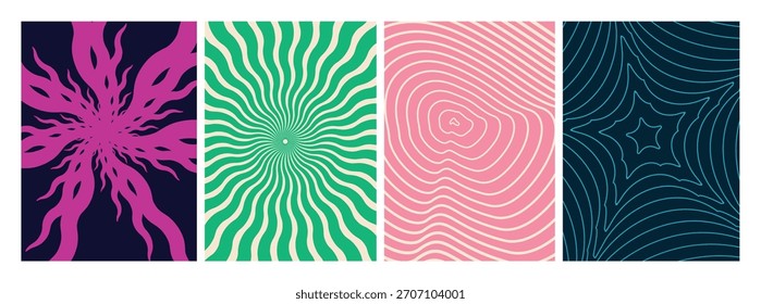 Psychedelic Swirl Spiral Patterns. Wavy Retro Groovy Vector Background. Funky Swirl Abstract Twirl Background