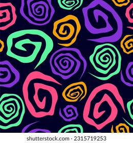 Psychedelic swirl spiral seamless pattern. 60s, 70s style liquid groovy background. Colorful texture.