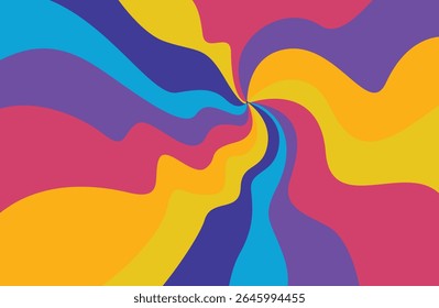 Psychedelic Swirl Vector Background. Colorful Retro Abstract Spiral with Trippy Optical Illusion Style, Vibrant Wavy Lines and Groovy Pop Art Pattern. Isolated, Editable Design EPS 10 file