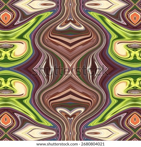 Psychedelic symmetrical pattern with neon green, brown, and cream tones forming a kaleidoscopic abstract texture for creative design and fashion backgrounds.
