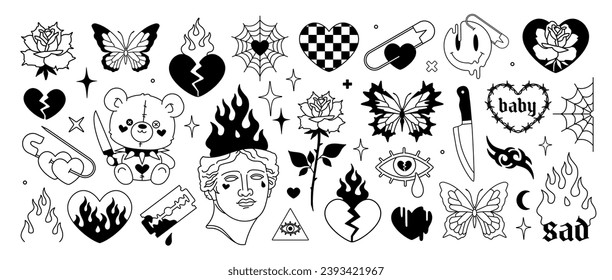 Psychedelische Tattoo Art im Stil der 2000er Jahre. Y2k Emo Goth Stickers. Line-Art Schmetterling, Stacheldraht Herz, Flamme, antike Skulptur, Rosenblume. Gotische Tätowierung. Vector Old School Tattoo Druckdesigns