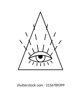 Psychedelic tattoo silhouette of triangle with eye. Outline graphic element of abstract fortune teller. Vintage boho sketch illustration