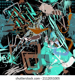 Psychedelic textured scribbles seamless pattern. Rough colorful trendy background. Repeat vector dirty backdrop. Hand drawn doodle brush strokes, lines, splashes. Abstract graffiti style ornaments.