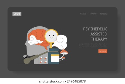Psychedelic Therapy concept. An illustrated brain and magnifying glass explore alternative mental health treatment with mushrooms and pills. Mental health exploration and therapy. Vector illustration.