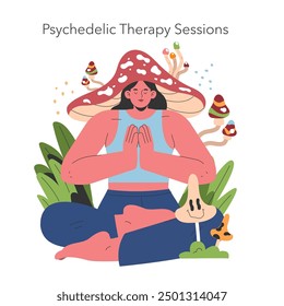 Psychedelic Therapy Sessions Konzept. Entdecken Sie mentales Wohlbefinden durch halluzinogene Pilze in einem therapeutischen Rahmen. Ruhige Meditation und natürliche Heilung. Vektorgrafik.