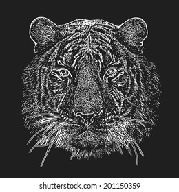 Psychedelic tiger head silhouette, isolated on black background. Mask of the biggest cat. Wild beauty of the most dangerous and mighty beast. Black and white vector illustration
