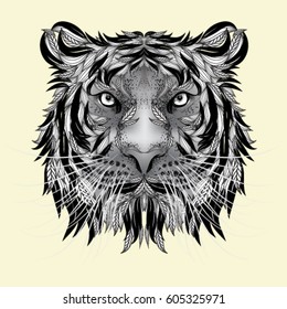 Psychedelic tiger isolated, black and white tattoo, decorative retro style. Isolated vector illustration, it can be used for printing on t-shirts or coloring books.
