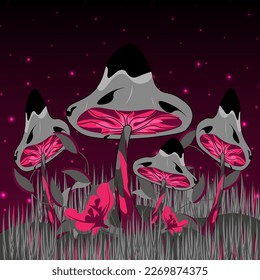 Psychedelic toadstools in the woods. The fantastic world of fly agarics.
