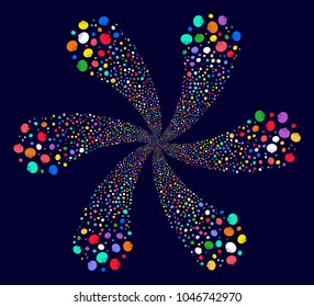 Psychedelic Tomato Vegetable centrifugal flower cluster on a dark background. Vector abstraction. Suggestive spiral organized from randomized tomato vegetable objects.