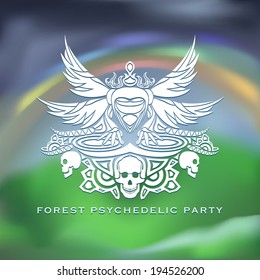 Psychedelic trance Dj character over a blurred mountain rainbow background vector illustration