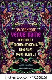 Psychedelic Trance Party Flyer Poster Template Layout Vector Illustration Jungle Theme