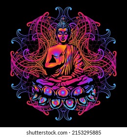 Psychedelic transcendental image of a seated Lord Gautama Buddha in the lotus position with an illuminated face on the background of the mandala