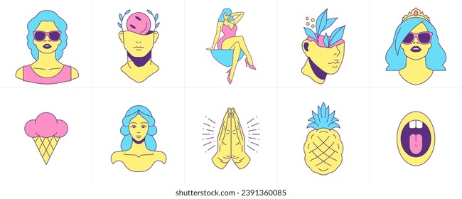 Psychedelic trendy comic sticker funny cartoon characters food and elements groovy icon set vector flat illustration. Surreal pop art retro woman sculpture ice cream praying hands pineapple mouth