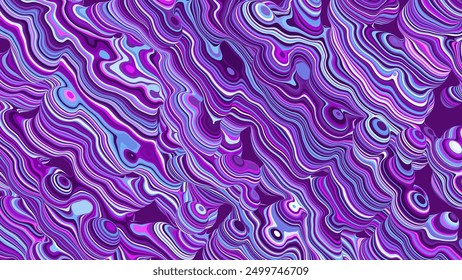 Psychedelic trendy creative art background with layered liquid marbling effect in blue and purple tones. Abstract sliced neon metaball shapes. Modern vein wavy line stripes texture. Vector background
