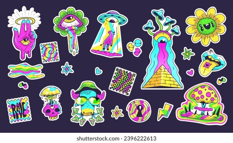 Psychedelic trendy stickers. Weird surreal sticker, trippy abstract art cartoon unusual design, comic character face hipster flowers acid, doodle vector illustration of sticker design psychedelic