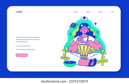 Psychedelic trip party web banner or landing page. Rave camp. Character drinking alcohol, taking drugs, mushrooms and smoking weed at festival campsite. Flat vector illustration