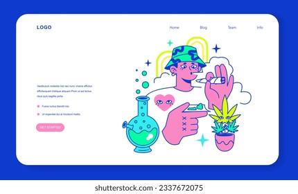 Banner web o página de inicio de fiesta de viaje psicodélico. Campamento rupestre. Carácter tomando drogas y hierba para fumar en el camping del festival. Cigarrillo o articulación de canabismo. Ilustración vectorial plana