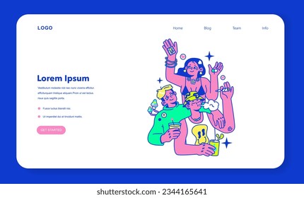 Psychedelic trip party web banner or landing page. Rave camp. Characters dancing and smoking weed at festival campsite. Cannabist self-rolled cigarette or joint. Flat vector illustration