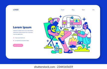 Banner web o página de inicio de fiesta de viaje psicodélico. Campamento rupestre. Personajes bebiendo alcohol, tomando drogas, hongos y hierba para fumar en el camping del festival. Ilustración vectorial plana