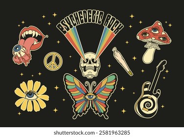 psychedelic trip symbols rock style 70s: skeleton, joint, guitar, flower with eye, peace symbol, fly agaric with eyes