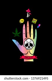 psychedelic trip symbols:LSD, weed, skull, eyeball, rainbow, drugs