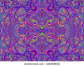 Psychedelic Trippy Abstract  Wavy Ornaments, Rainbow Multicolor Texture. Decorative Surreal Stylish Card. Vector Hand Drawn Bohemian Fantasy Illustration.