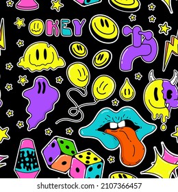 Psychedelic Trippy Acid Abstract Characters And Objects. In A Cartoon Style, A Set Of Bright Psychedelics. Pattern Vector