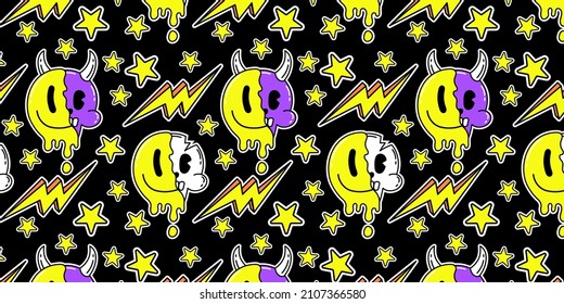 Psychedelic trippy Acid abstract characters and objects. In a cartoon style, a set of bright psychedelics, drip emoticons, skull and devil, lightning and stars. Pattern vector