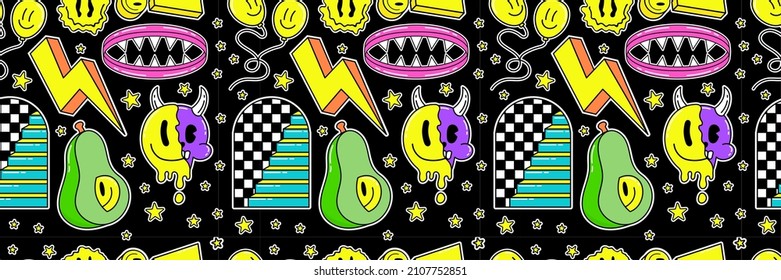 Psychedelic Trippy Acid Abstract Characters And Objects. In A Cartoon Style, A Set Of Bright Psychedelics. Pattern Vector