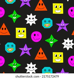 Psychedelic Trippy Acid Rave Pattern. Trendy Abstract Smiles In Cartoon Style. For Textiles, Postcards, Posters.