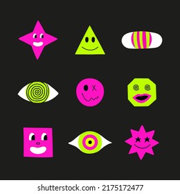 Psychedelic Trippy Acid Rave Set. Trendy Abstract Smiles, Emoji And Eyes In Cartoon Style. 60s, 70s, Hippie Elements