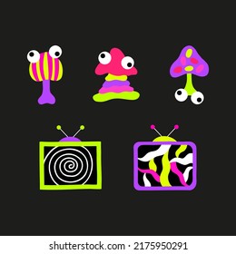 Psychedelic Trippy Acid Rave Set. Trendy Abstract Mushrooms And Tvs In Cartoon Style. 60s, 70s, Hippie Elements