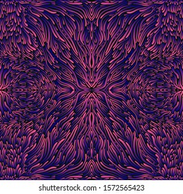 Psychedelic trippy colorful fractal mandala, pink-violet blue gradient color. 3D effect. Stylish card. Surreal abstract cover. Vector shamanic fantasy background illustration.