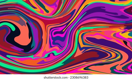 Psychedelic trippy colorful vector background texture. Marble liquid pattern design. Vibrant abstract graphic surreal wallpaper. Dizzy acid marble effect.