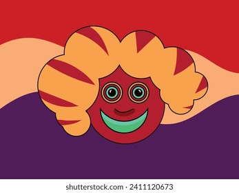 Psychedelic trippy face on three coloured wavy background