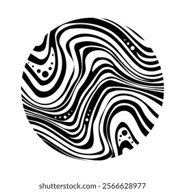 Psychedelic trippy figure. Dynamic groovy and wavy pattern. Template and layout. Psychedelic and funky collage. Fluid, blob and liquid. 60s and 70s. Linear vector illustration