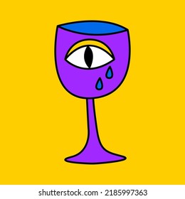 Psychedelic trippy glass with eye vector doodle illustration. Crazy hallucination print. Psychedelic sticker. Trippy 70s