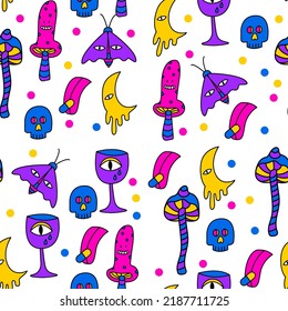 Psychedelic, trippy, hallucination seamless pattern. 1970 vibe pattern. Doodle seamless pattern. Psychedelic background with skull, moon, mushrooms