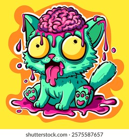 Psychedelic trippy kitty with brains surrounded by pink slime. Acid crazy cat with its tongue out.